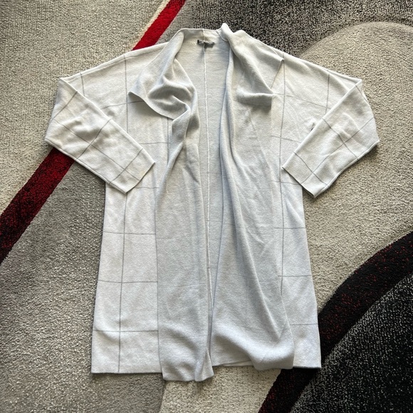 Eileen Fisher Gray Windowpane Print Open Front Long Line Cardigan - Picture 1 of 4